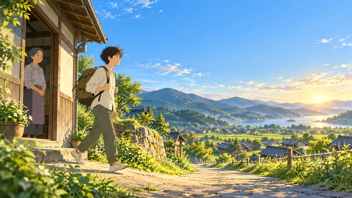 広い朝の空の下、やさしく見送られて旅立つ人物の創作イラスト