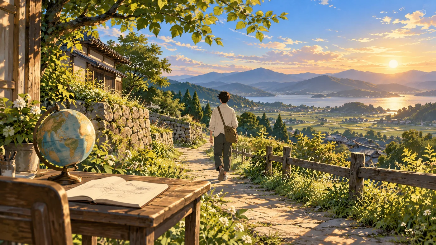 地球儀とスケッチブックを手前に、再び道を歩き出す人物の創作イラスト