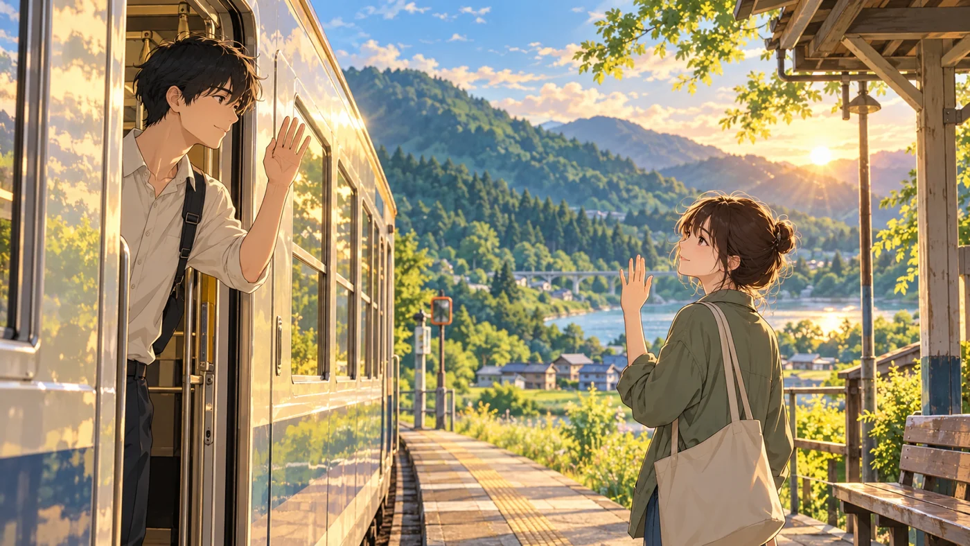 駅で手を振る別れの創作イラスト。歌の場面を再現したものではありません