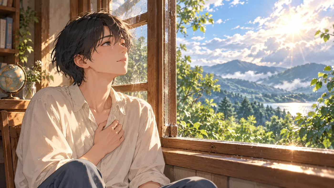 雨上がりの窓辺で思いを巡らす人物の創作イラスト