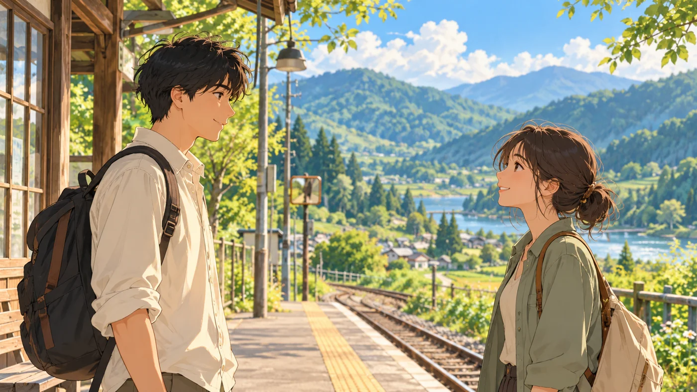 旅先の駅での出会いを描いた創作イラスト