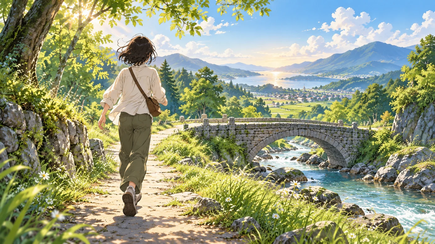 光の差す道を進む旅人の創作イラスト