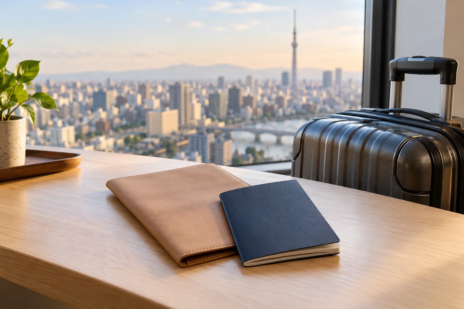 日本の街を背景にした旅券と旅行鞄のイメージ