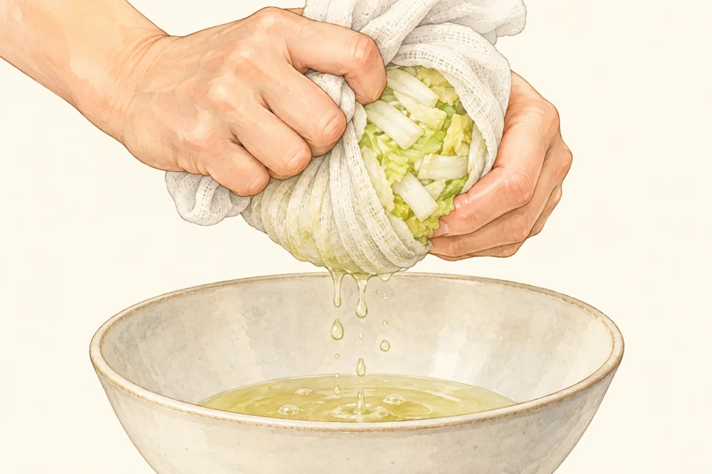 白菜の水けをふきんで絞る