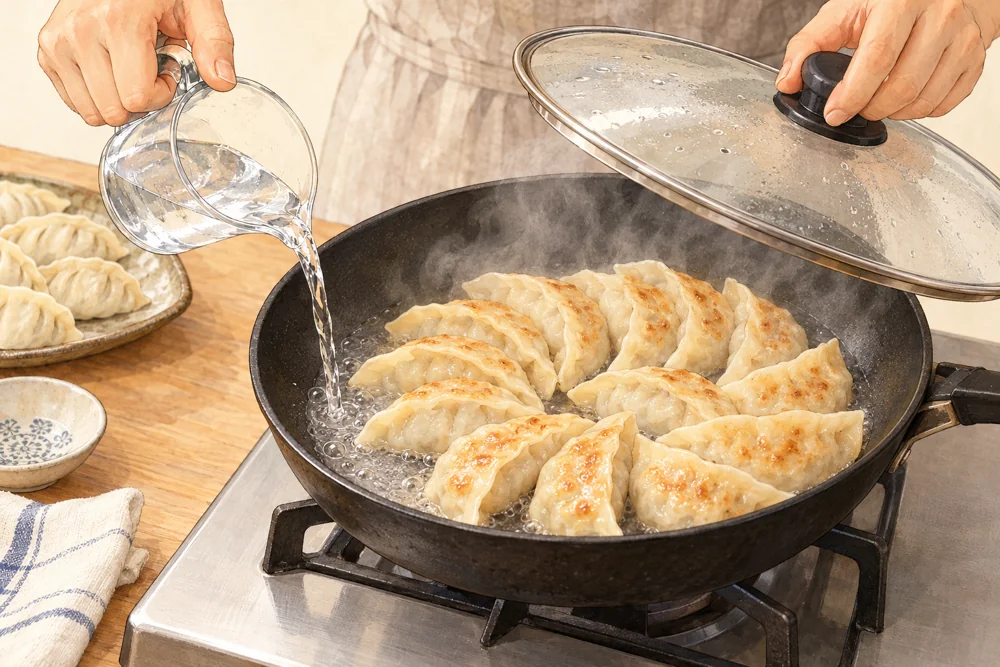 水を注ぎ、ふたをして蒸し焼きにする