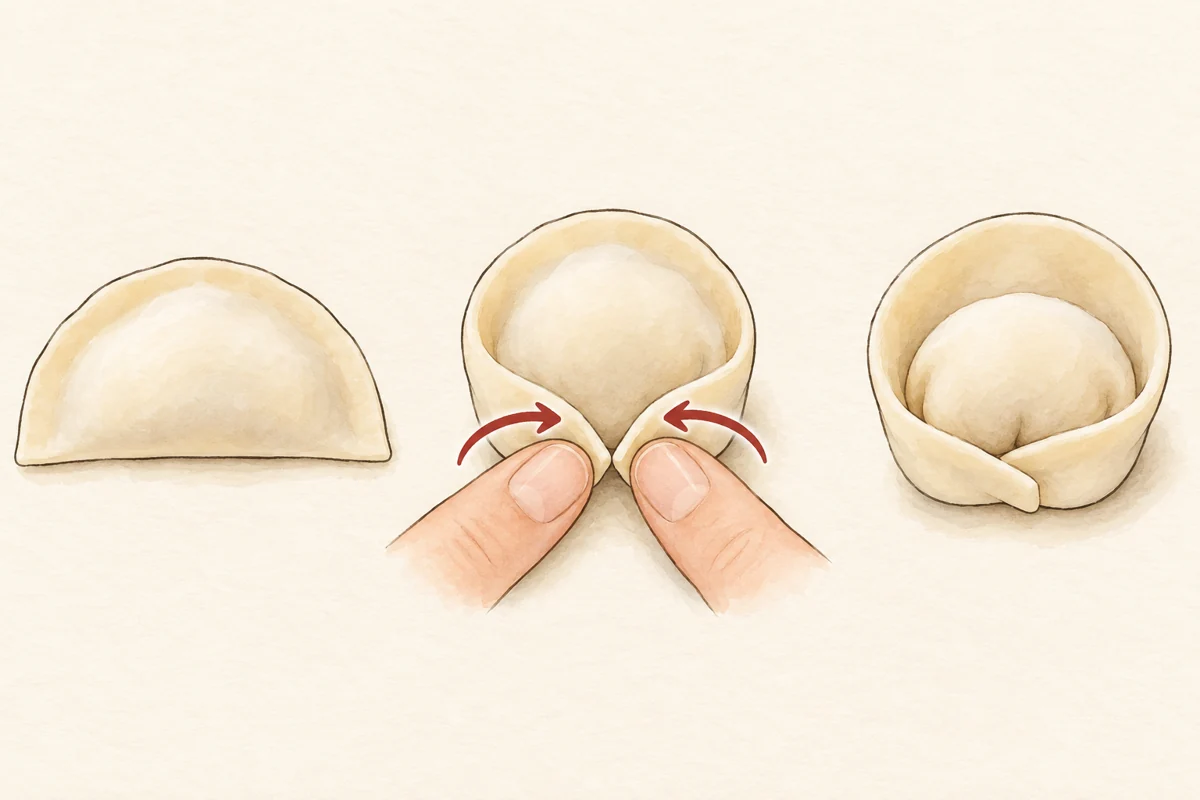 左から:半月形に閉じる → 両端を手前で重ねる → 帽子型の完成。JAPANITIESの挿絵。