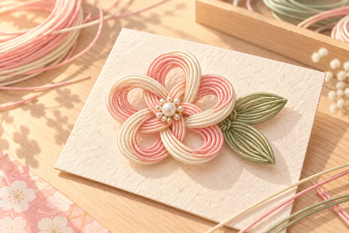 淡いピンクと白の水引を花形にしたブローチの創作イラスト