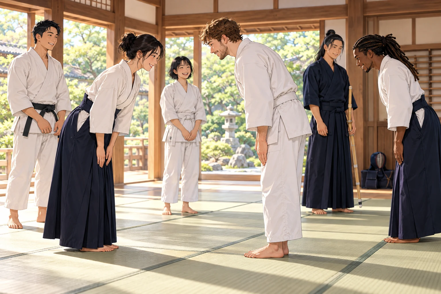 Des pratiquants de différentes origines se saluent dans un dōjō