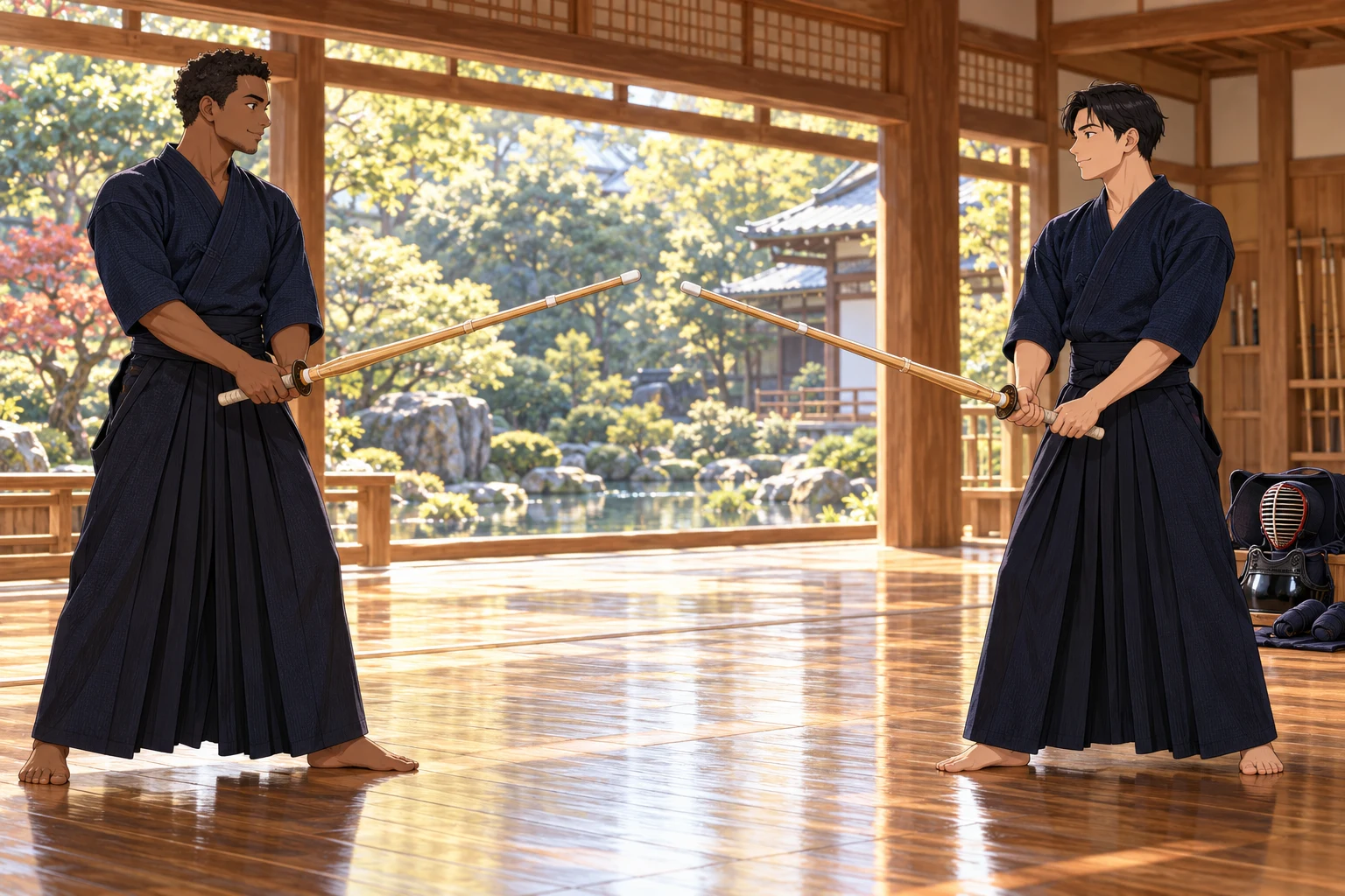 Deux pratiquants étudient la garde au shinai, sans frappe