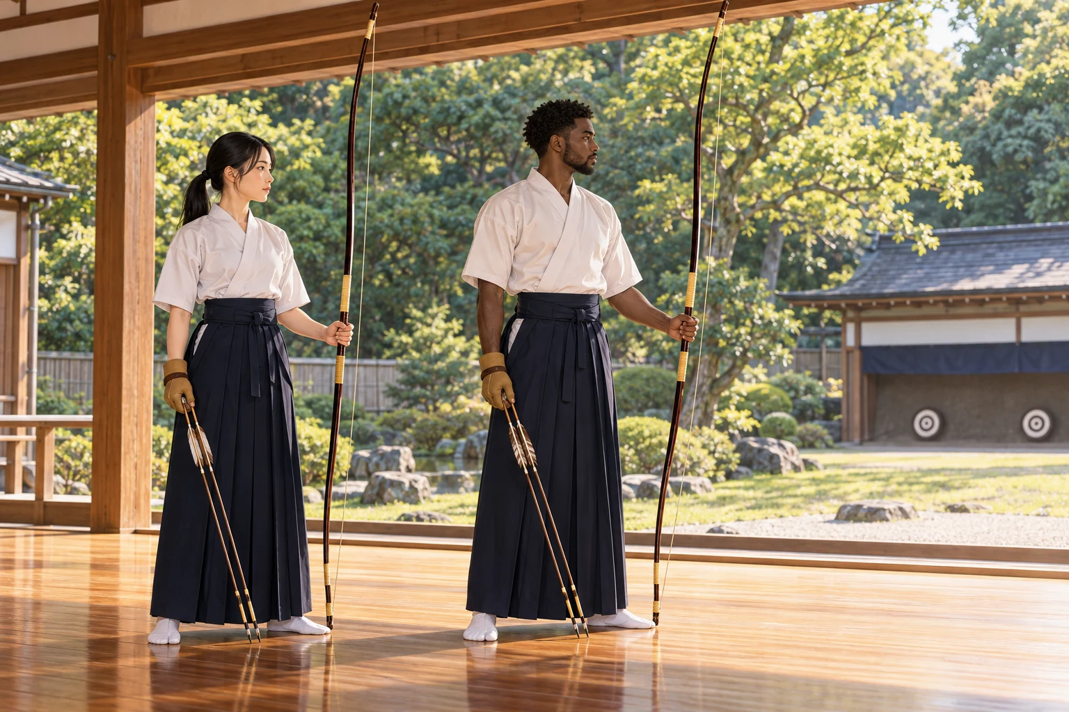 Préparation au kyūdō avec des arcs japonais et des flèches