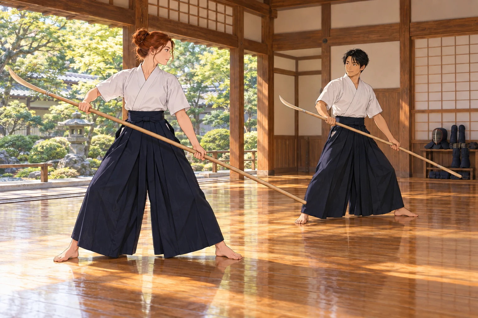 Deux pratiquants travaillent la tenue de la naginata