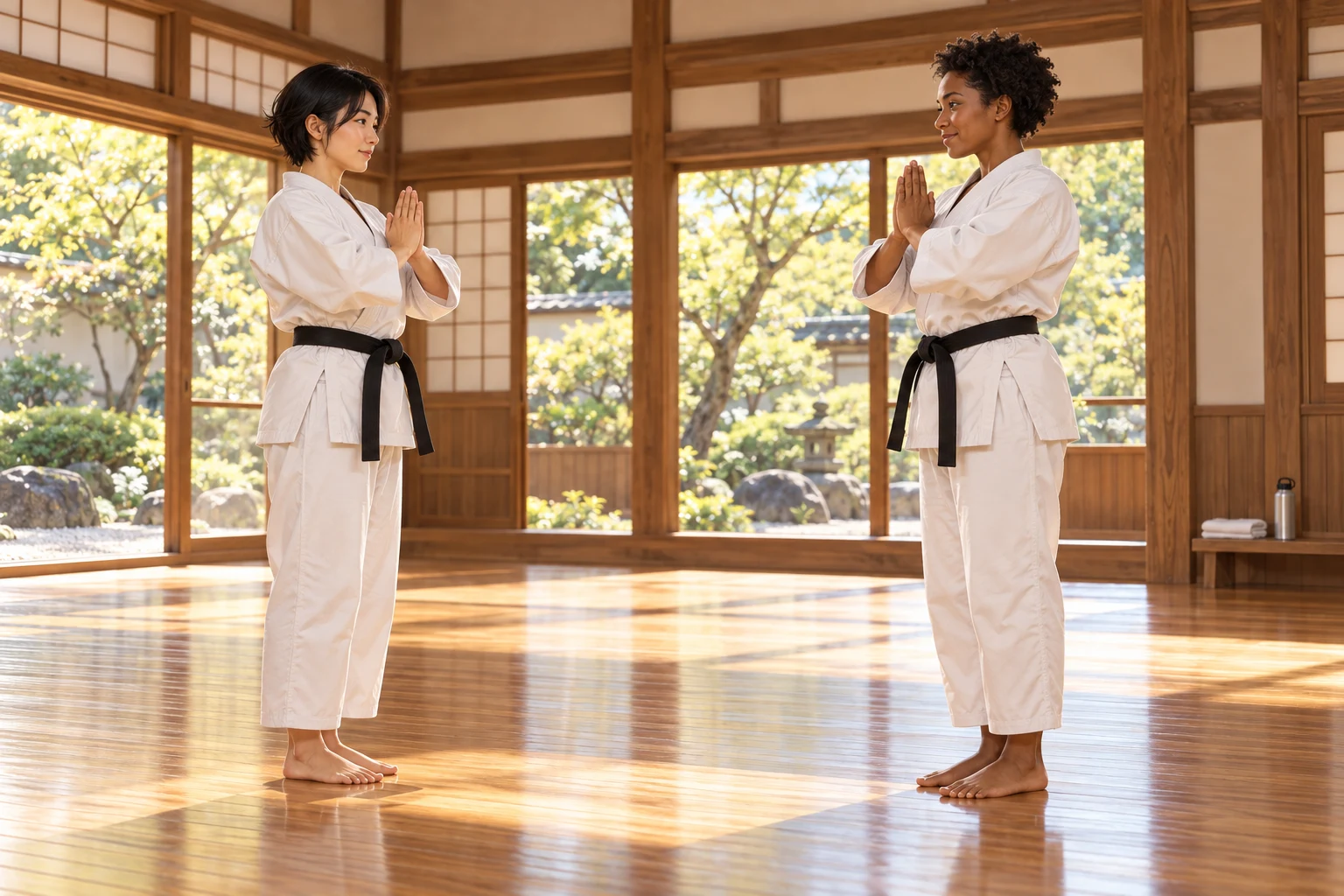 Deux pratiquantes échangent le salut gasshō-rei