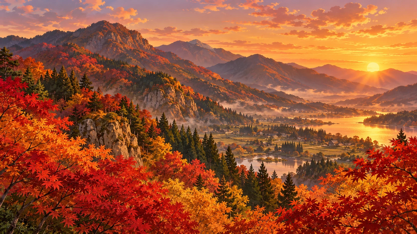 Montagnes aux couleurs d’automne éclairées par le soleil couchant