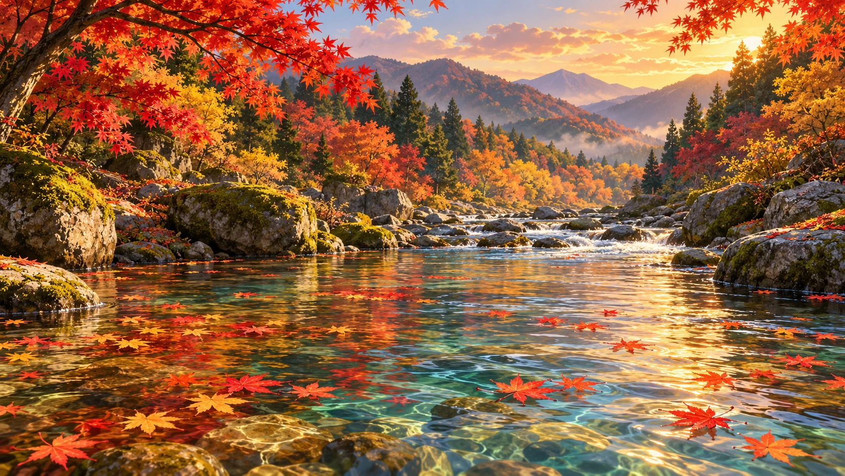 紅葉の葉が浮かぶ秋の小川 / Feuilles d’automne sur un ruisseau