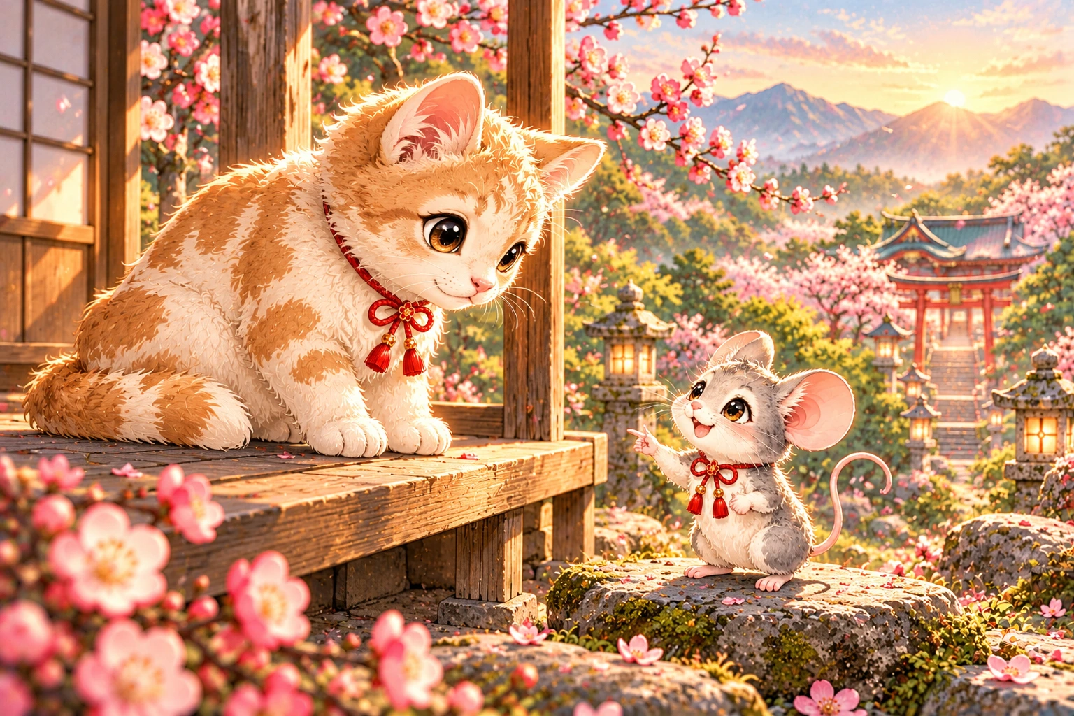 ねずみの話を聞く猫｜十二支の昔話の一場面