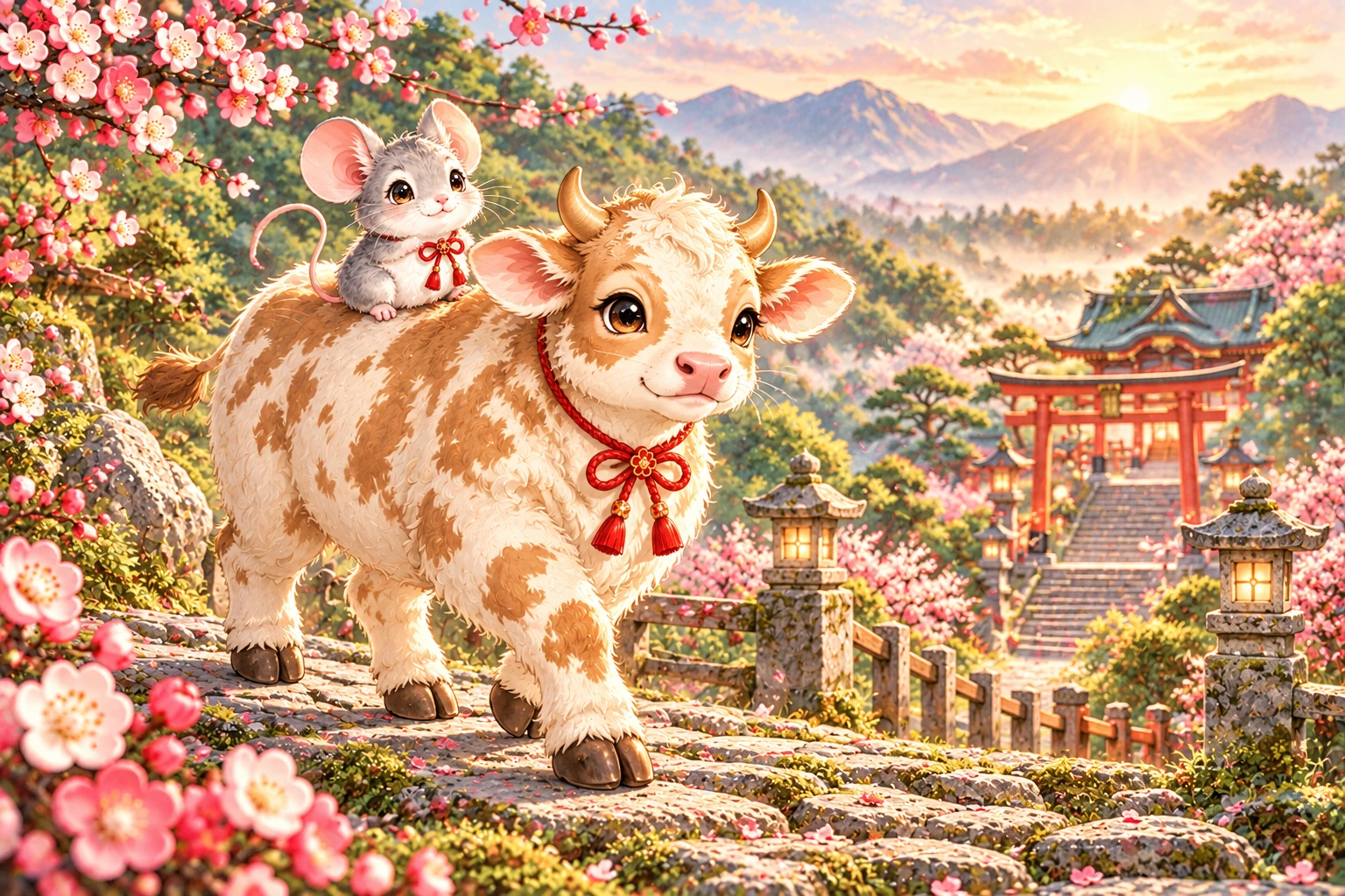 牛の背中に乗って神様のもとへ向かうねずみ